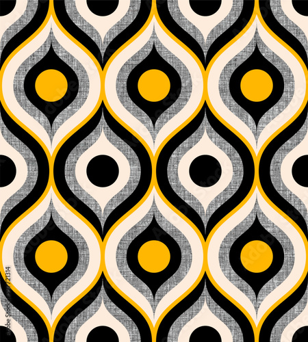 Retro midcentury textured ogee ovals electric yellow black Vector pattern. Retro 70s ogee and circles geometrics electric yellow, black and grey fabric texture.
