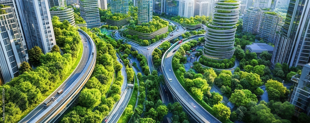 Fototapeta premium A city built around a circular economy, with shared resources, waste reduction systems, and sustainable public transport, circular city design, green urban future