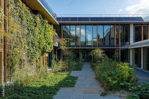 An energy-positive building that generates more power than it consumes, surrounded by public green spaces, energy-positive building, sustainable architecture