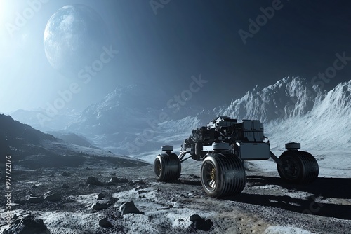 3D Render of Rover on Distant Moon Landscape