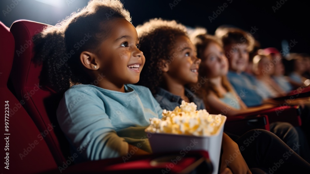 Joyful children, with big smiles, sit together in a movie theater, captivated by the film and holding a large bucket of popcorn. Joyful children, with big smiles, sit together in a movie theater, captivated by the film and holding a large bucket of popcorn.