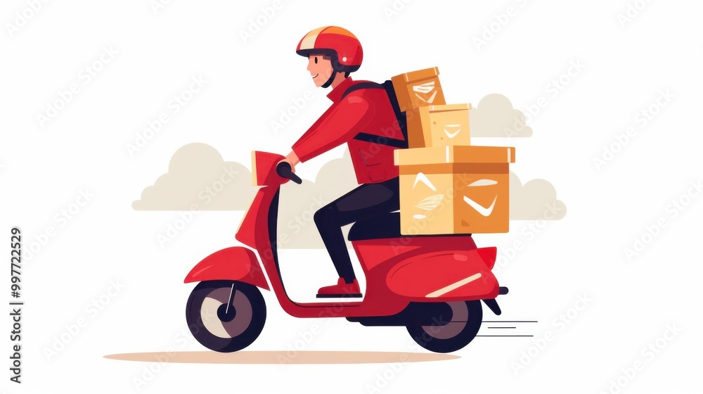 Illustration of a cheerful delivery rider in red, speeding on a motorbike loaded with packages against a clear sky background. Illustration of a cheerful delivery rider in red, speeding on a motorbike loaded with packages against a clear sky background.