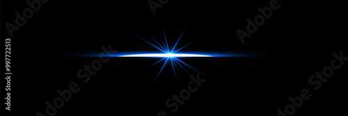 Light blue effect reflections, neon illumination in blue colors. Bright light lens. Police light effects, lines. Shiny stars, glowing sparks on a black background. Vector red light effect