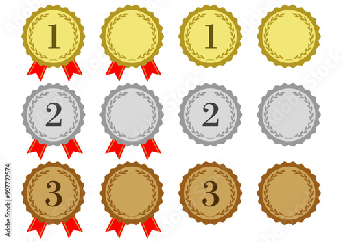 月桂樹の金銀銅のメダルのフレームイラストのセット
