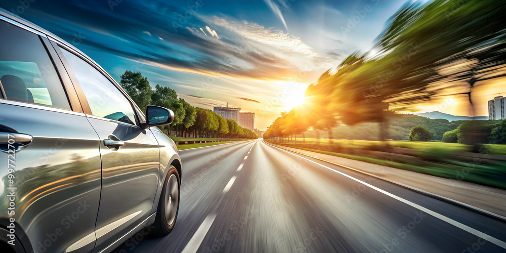Blurred background of car driving on road with text space, motion blur, panoramic view, transportation, vehicle, highway, travel Blurred background of car driving on road with text space, motion blur, panoramic view, transportation, vehicle, highway, travel