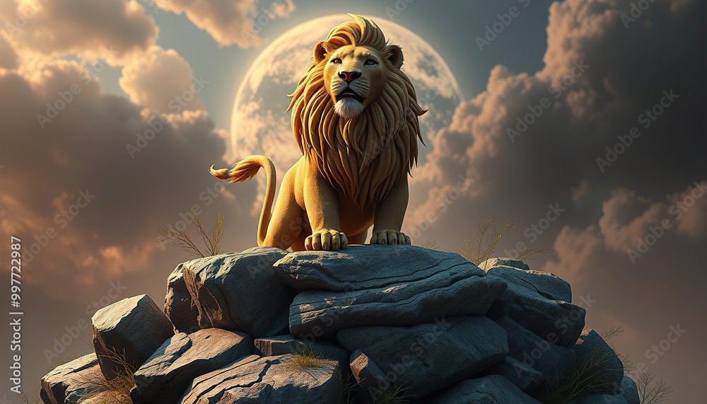Fototapeta premium A white lion statue stands on a rock