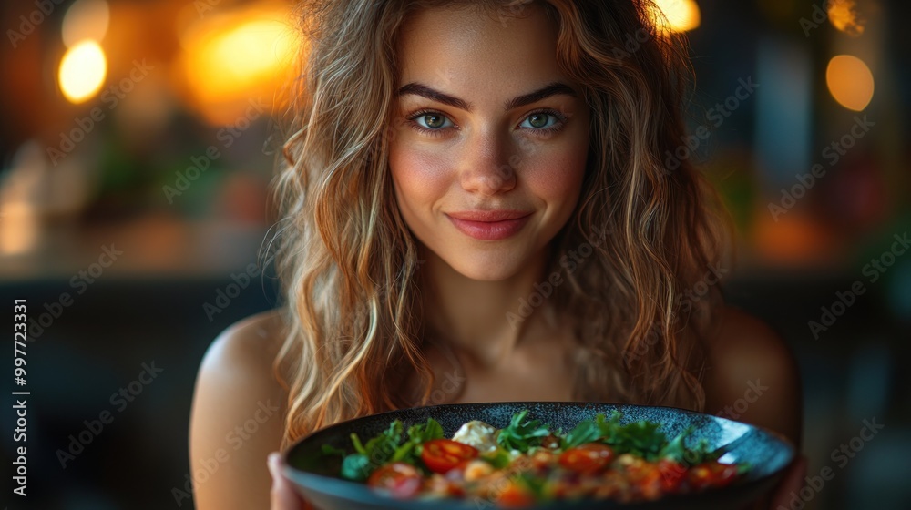 A smiling woman holds a colorful salad in a cozy setting. A smiling woman holds a colorful salad in a cozy setting.