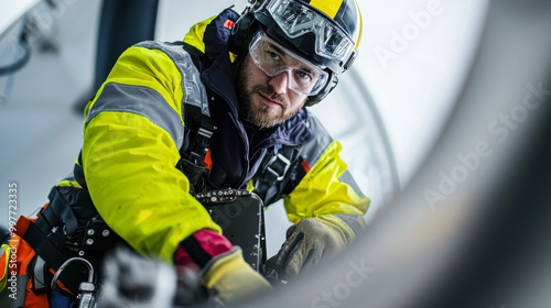 A focused worker in safety gear inspects machinery at a wind turbine site, highlighting dedication and industry expertise. photo