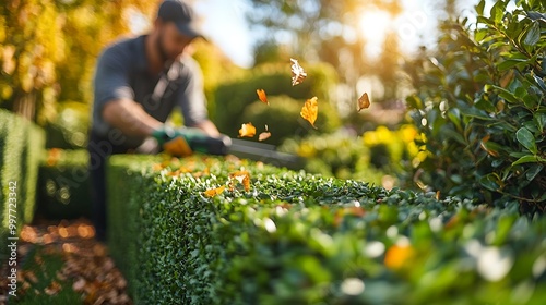 A gardener trimming hedges with electric shears, perfect straight lines forming as leaves fall gently to the ground, the bright afternoon sun shining over a well-kept garden in the background.