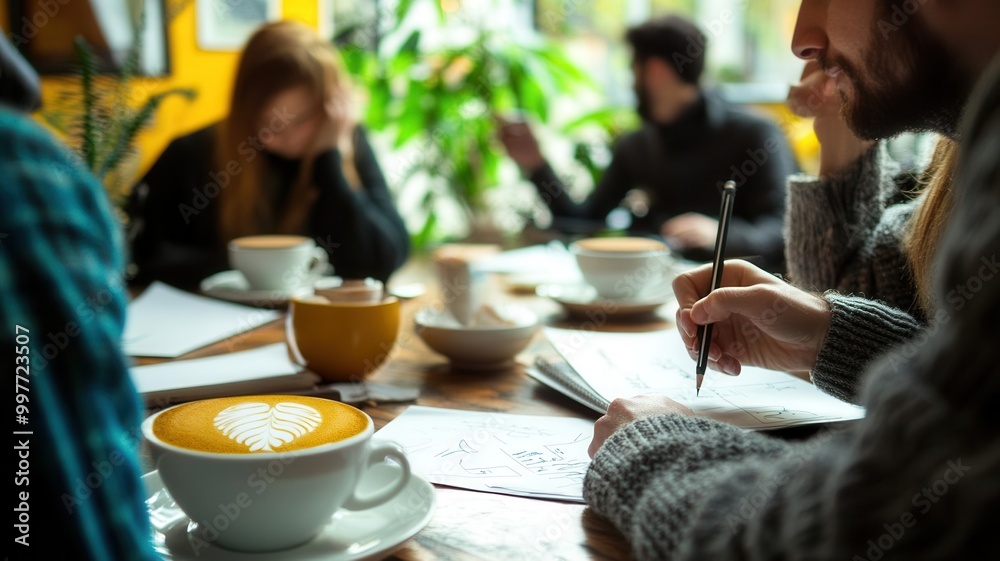 A co-working cafe with creative professionals sketching designs, sipping coffee, and brainstorming ideas, creative cafe, collaborative workspace A co-working cafe with creative professionals sketching designs, sipping coffee, and brainstorming ideas, creative cafe, collaborative workspace