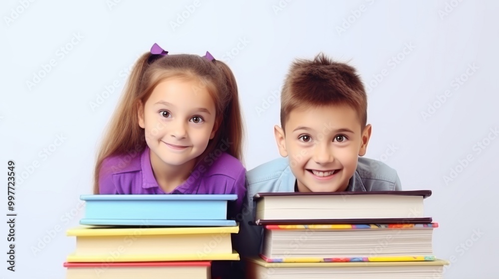Two cheerful children, one girl and one boy, peek over stacks of colorful books, radiating curiosity and joy, in a bright educational setting. Two cheerful children, one girl and one boy, peek over stacks of colorful books, radiating curiosity and joy, in a bright educational setting.