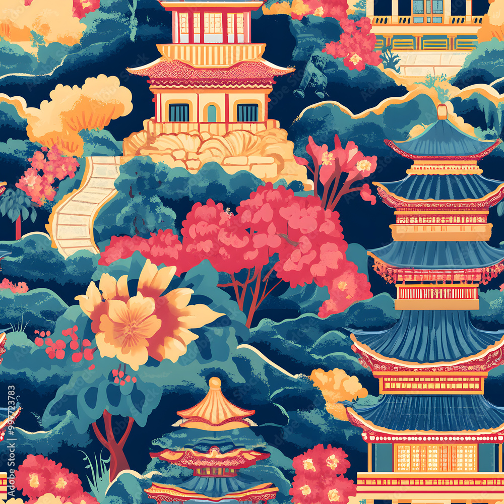 Obraz premium Chinese-inspired doodle tile seamless patterns in an illustrator graphic style
