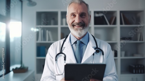 Mature male doctor with a friendly smile and stethoscope, holding a tablet in a modern medical office, showcasing experience and approachability.