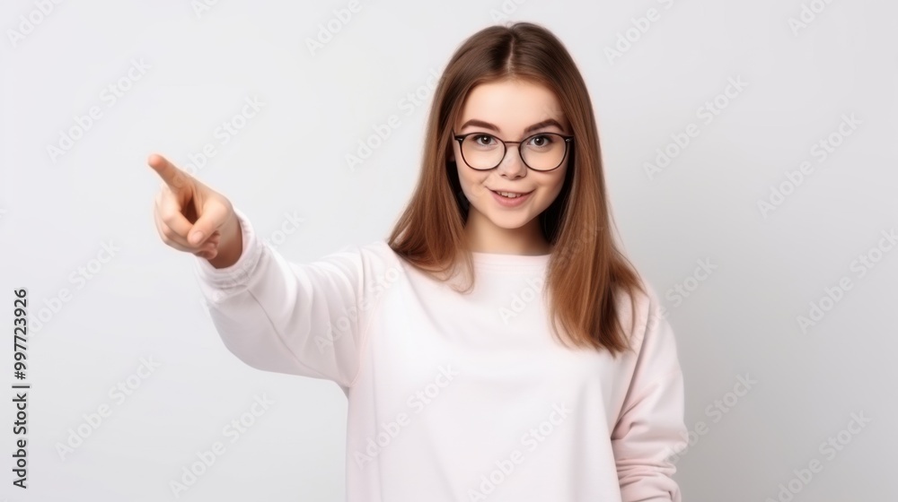 A young, charming girl wearing glasses and a light sweater is pointing forward with a friendly smile against a white background. A young, charming girl wearing glasses and a light sweater is pointing forward with a friendly smile against a white background.
