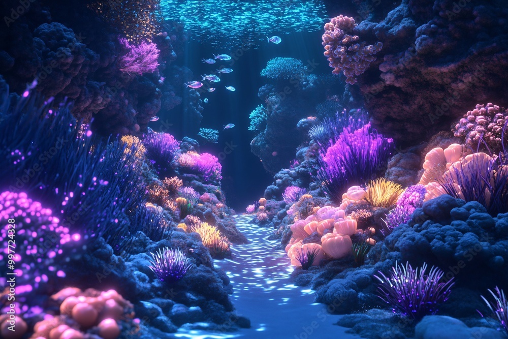 Obraz premium Vibrant 3D Underwater Scene with Bioluminescent Elements