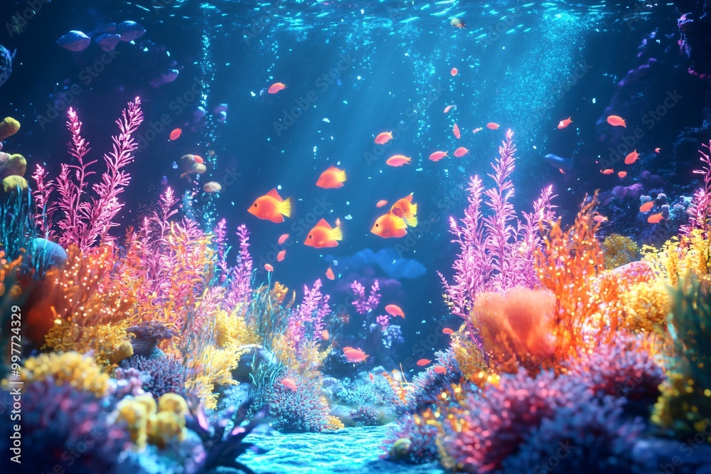 Fototapeta premium Vibrant Underwater Scene with Bioluminescent Elements