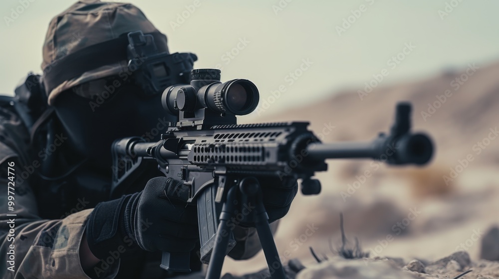 A precision-focused military sniper, camouflaged and equipped, aims his rifle in a stark desert environment, demonstrating vigilance and readiness. A precision-focused military sniper, camouflaged and equipped, aims his rifle in a stark desert environment, demonstrating vigilance and readiness.