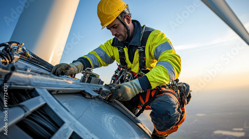 A wind turbine technician performs maintenance at great heights during a stunning sunrise, showcasing skill and safety in the field.