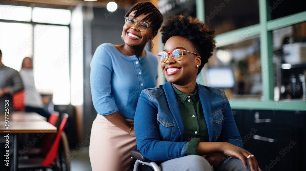 Two happy women, one seated in a wheelchair, share a joyful moment in a bright, modern workspace. Two happy women, one seated in a wheelchair, share a joyful moment in a bright, modern workspace.