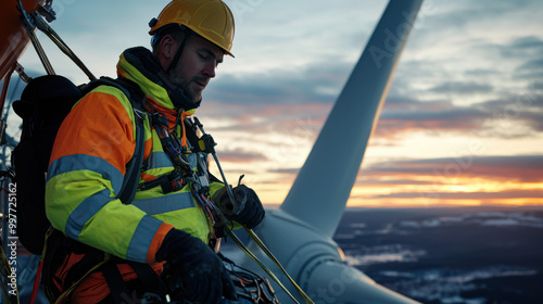 A wind turbine technician prepares for work at sunset, showcasing safety gear and dedication to renewable energy. photo