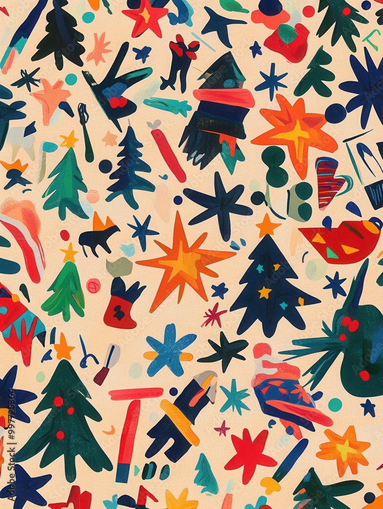 The artwork presents a vibrant array of Christmas symbols, including trees and stars, creating a joyful holiday atmosphere. Generative AI The artwork presents a vibrant array of Christmas symbols, including trees and stars, creating a joyful holiday atmosphere. Generative AI
