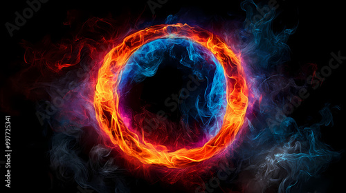 A glowing colorful ring of fire on black background, with the letter o in center, red and blue flames swirling around it, creating an enchanting atmosphere. Fire Elemental. Illustration