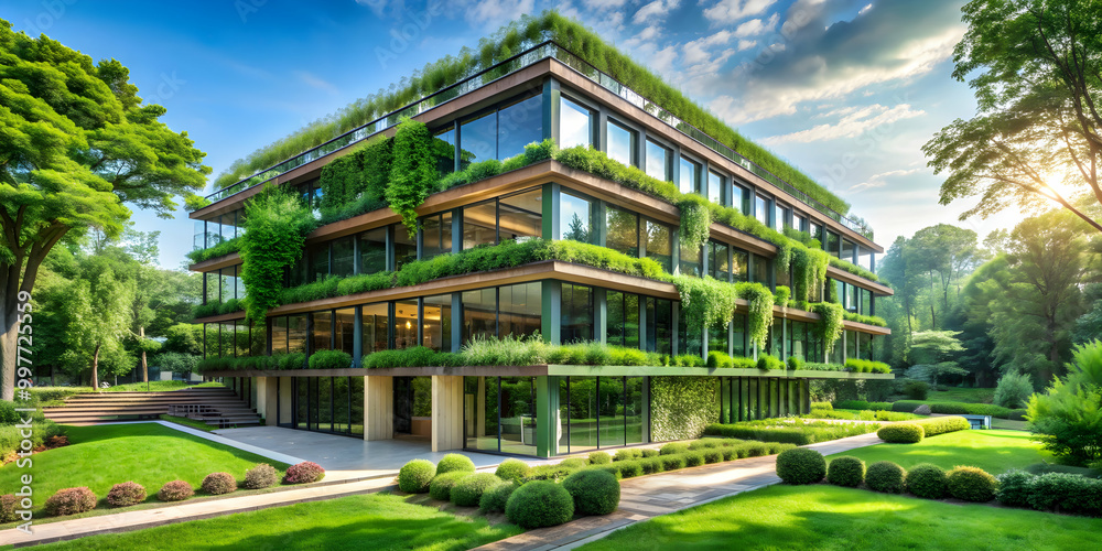 Obraz premium Eco-friendly building surrounded by lush green trees and sustainable landscaping , sustainable