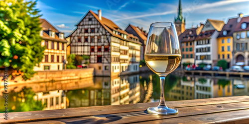 A glass of local Alsatian Gewurztraminer white wine on an outdoor table in the historic center of Strasbourg photo