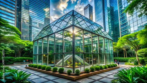 Majestic glass structure surrounded by lush greenery in the center of a bustling city , architecture, park