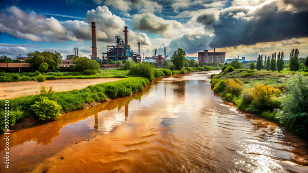 A murky and polluted river flowing through an industrial landscape, toxic, pollution, industrial, contaminated, environment