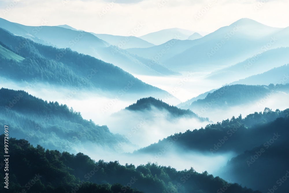 Naklejka premium Misty Morning Light in the Serene Mountains