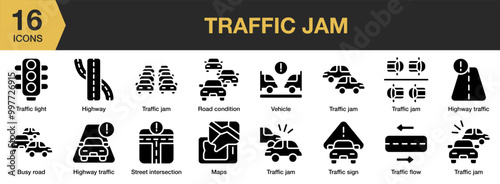 Traffic Jam solid icon set. Includes bus road, highway, road, street, traffic jam vehicle, and More. Solid icons vector collection.