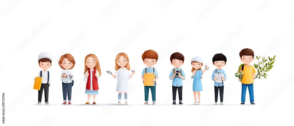 A group of cheerful cartoon characters representing various professions and hobbies against a plain background. A group of cheerful cartoon characters representing various professions and hobbies against a plain background.