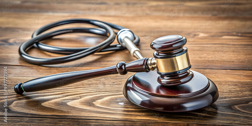 Close up of a gavel and stethoscope on a wooden table in a courtroom , justice, law, legal, judge, trial Close up of a gavel and stethoscope on a wooden table in a courtroom , justice, law, legal, judge, trial