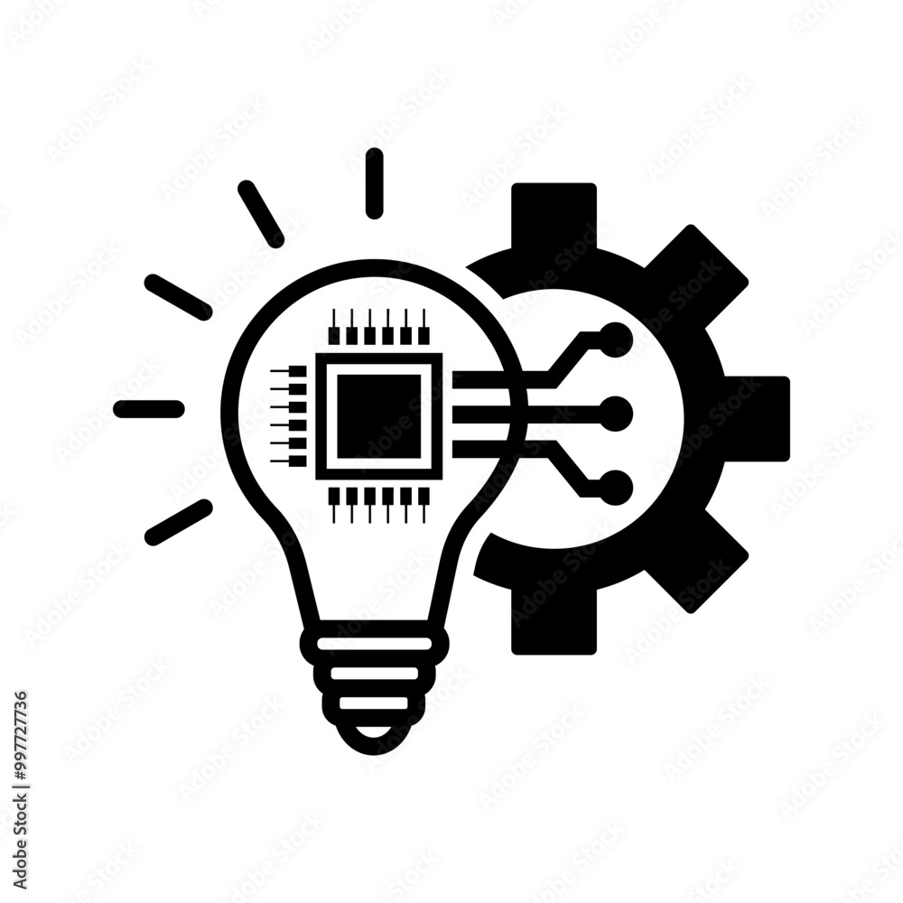 Lightbulb with microchip and cogwheel, illustration of technology and artificial intelligence icon vector Lightbulb with microchip and cogwheel, illustration of technology and artificial intelligence icon vector