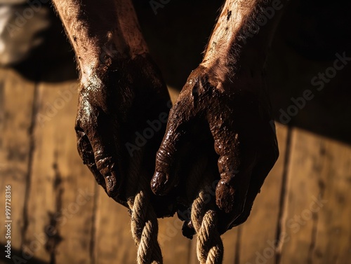 A pair of dirty hands grasping a rope, showcasing wear and grime, symbolizing hard work and labor in an industrial or outdoor setting.