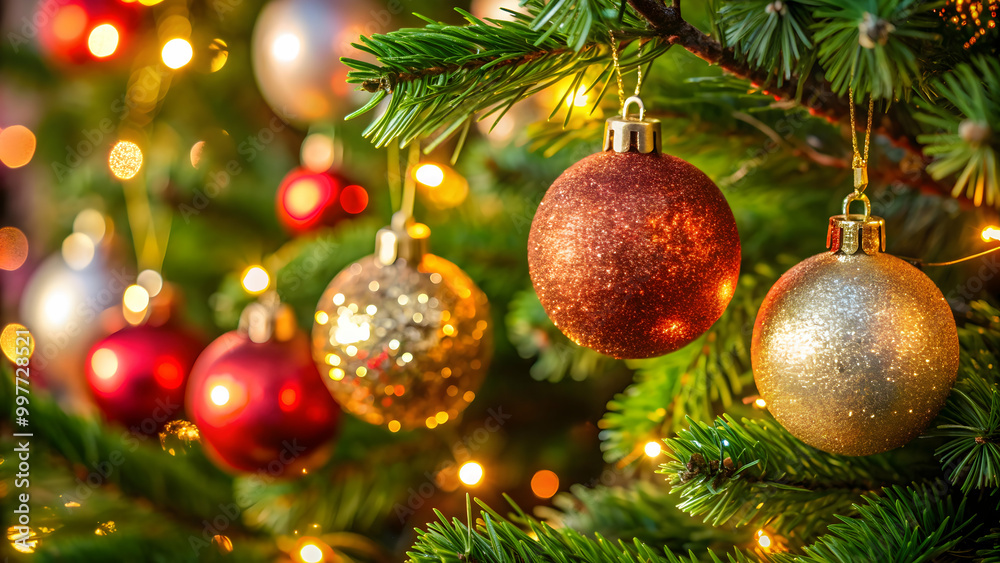 Close-up of glittering Christmas ornaments on a tree , Christmastime, festive, decoration, holiday, celebration, season