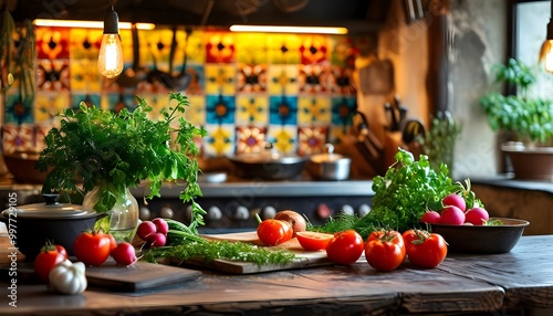 Culinary art in a rustic kitchen filled with fresh vegetables and herbs under warm lighting and vibrant tiles