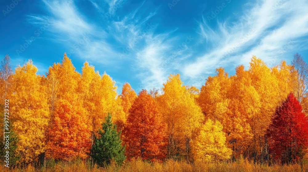 Fototapeta premium A beautiful autumn day with a blue sky and trees in full color