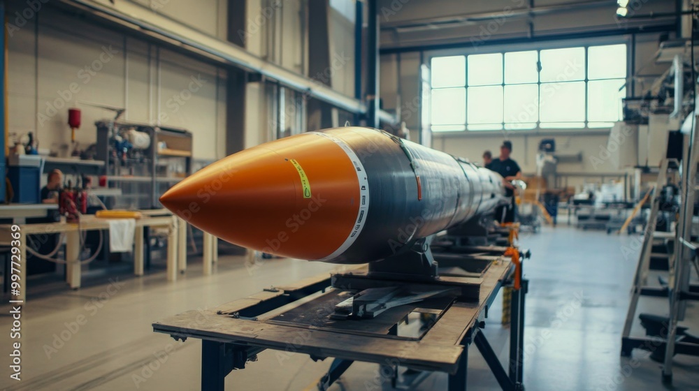 A missile is being assembled in a well-equipped workshop. Skilled workers focus on precision and safety as they handle advanced military technology during the assembly process. A missile is being assembled in a well-equipped workshop. Skilled workers focus on precision and safety as they handle advanced military technology during the assembly process.
