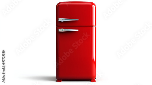 Red fridge or refrigerator isolated on white background. Modern home technology appliance to keep the food cold and fresh, electric cooler object, kitchen equipment, freeze temperature storage