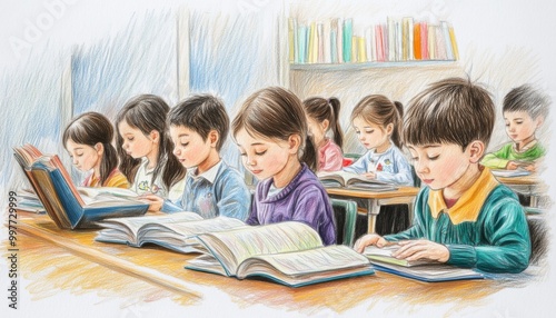 Illustration Children are learning together at school. Illustration Children reading a book. Ilustrasi pencil style texture. Colorful Classroom Scene with Happy Students.