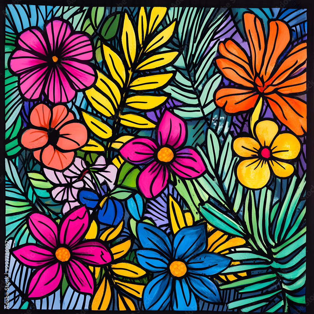 2D illustrator doodle-style floral and leaf graphics on a white background or wallpaper 2D illustrator doodle-style floral and leaf graphics on a white background or wallpaper