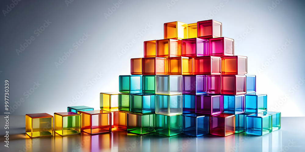 Obraz premium Colorful stack of translucent cubes with light effects creating abstract composition on white surface