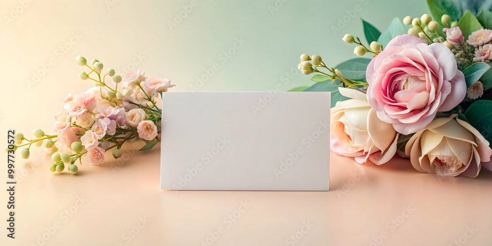 Elegant feminine business card mockup on soft pastel background Elegant feminine business card mockup on soft pastel background