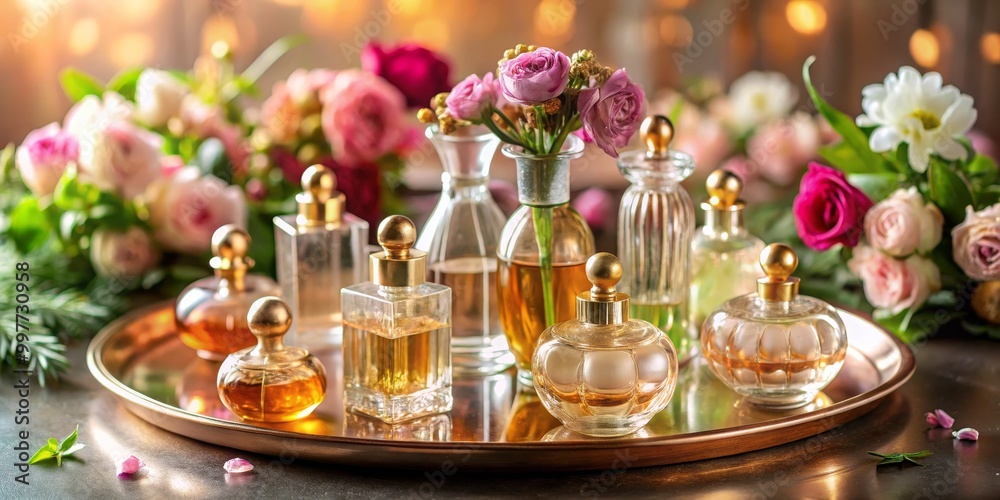 Elegant Perfume Bottles on Gold Tray with Romantic Rose Bouquet, Luxurious Floral Setting for Beauty Products Ad, Soft Pastel Hues, Feminine and Inviting Atmosphere Elegant Perfume Bottles on Gold Tray with Romantic Rose Bouquet, Luxurious Floral Setting for Beauty Products Ad, Soft Pastel Hues, Feminine and Inviting Atmosphere