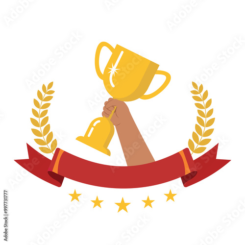 Gold trophy cup inside award ribbon, Hand holding Gold trophy cup concept. Winner trophy award. 