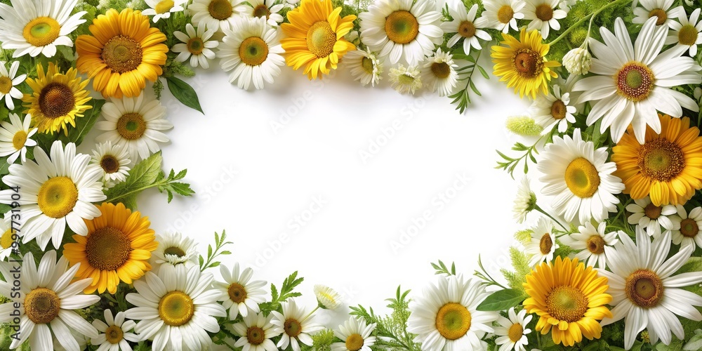 Obraz premium Sunflower and Daisy Botanical Frame on White - Serene Floral Border for Invitations, Web Design, and More
