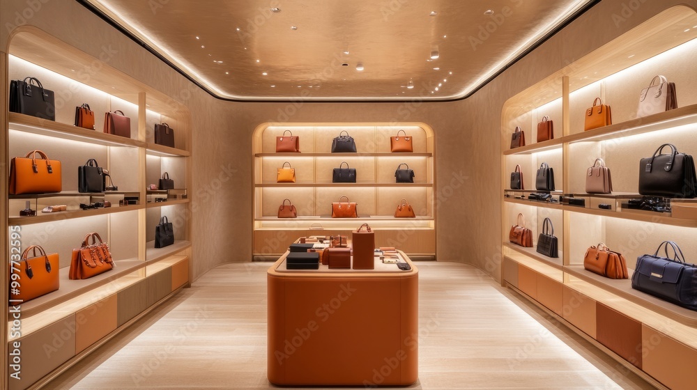 A well-organized leather goods display in a sleek retail store, showcasing high-end handbags and accessories. A well-organized leather goods display in a sleek retail store, showcasing high-end handbags and accessories.
