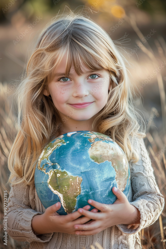 Young girl with blonde hair showing love for earth holding inflatable globe outdoors Young girl with blonde hair showing love for earth holding inflatable globe outdoors
